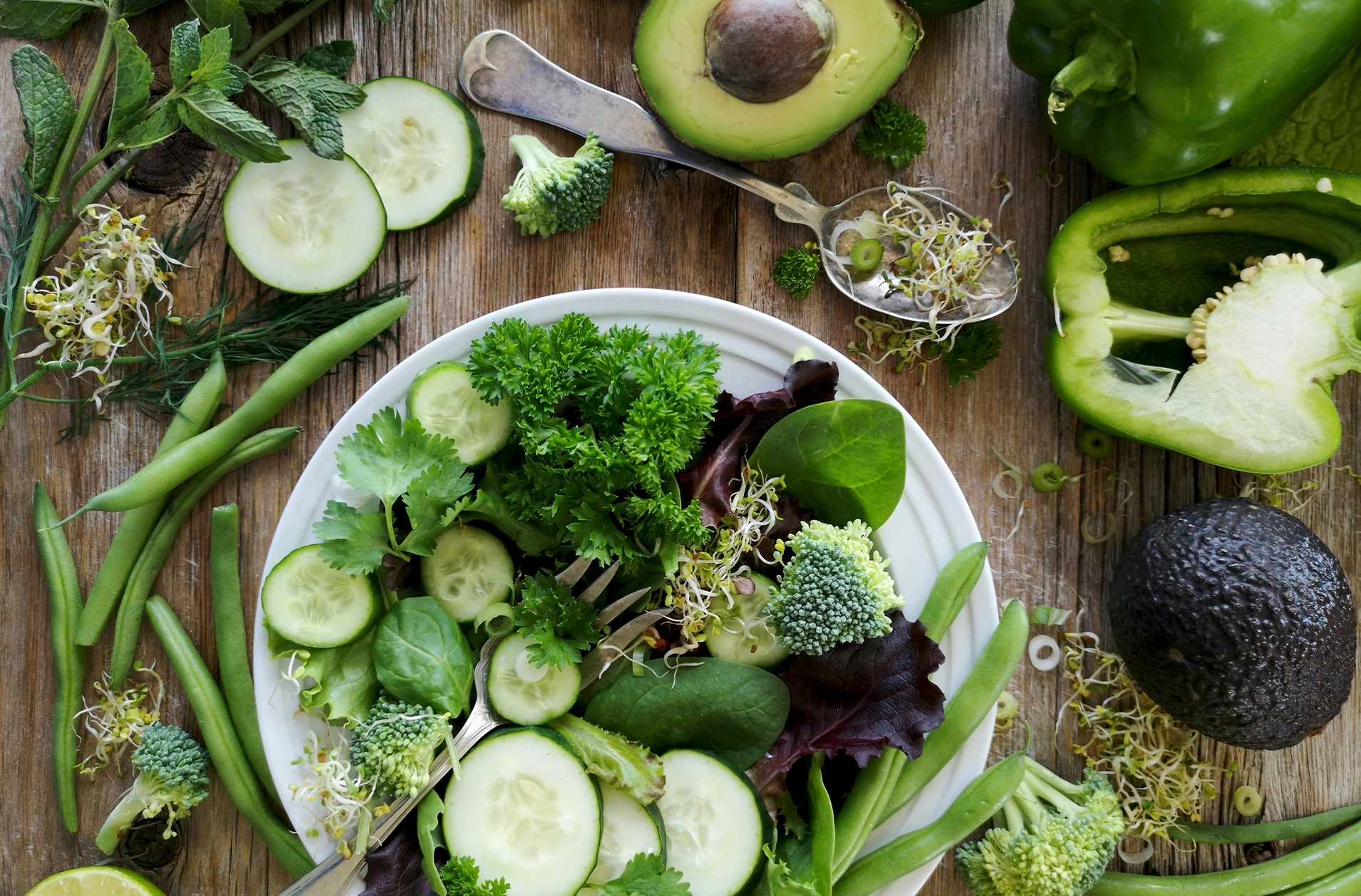 Kompozycja zielonych warzyw, awokado i kiełków jako element diety wspierającej układ odpornościowy w walce z alergią